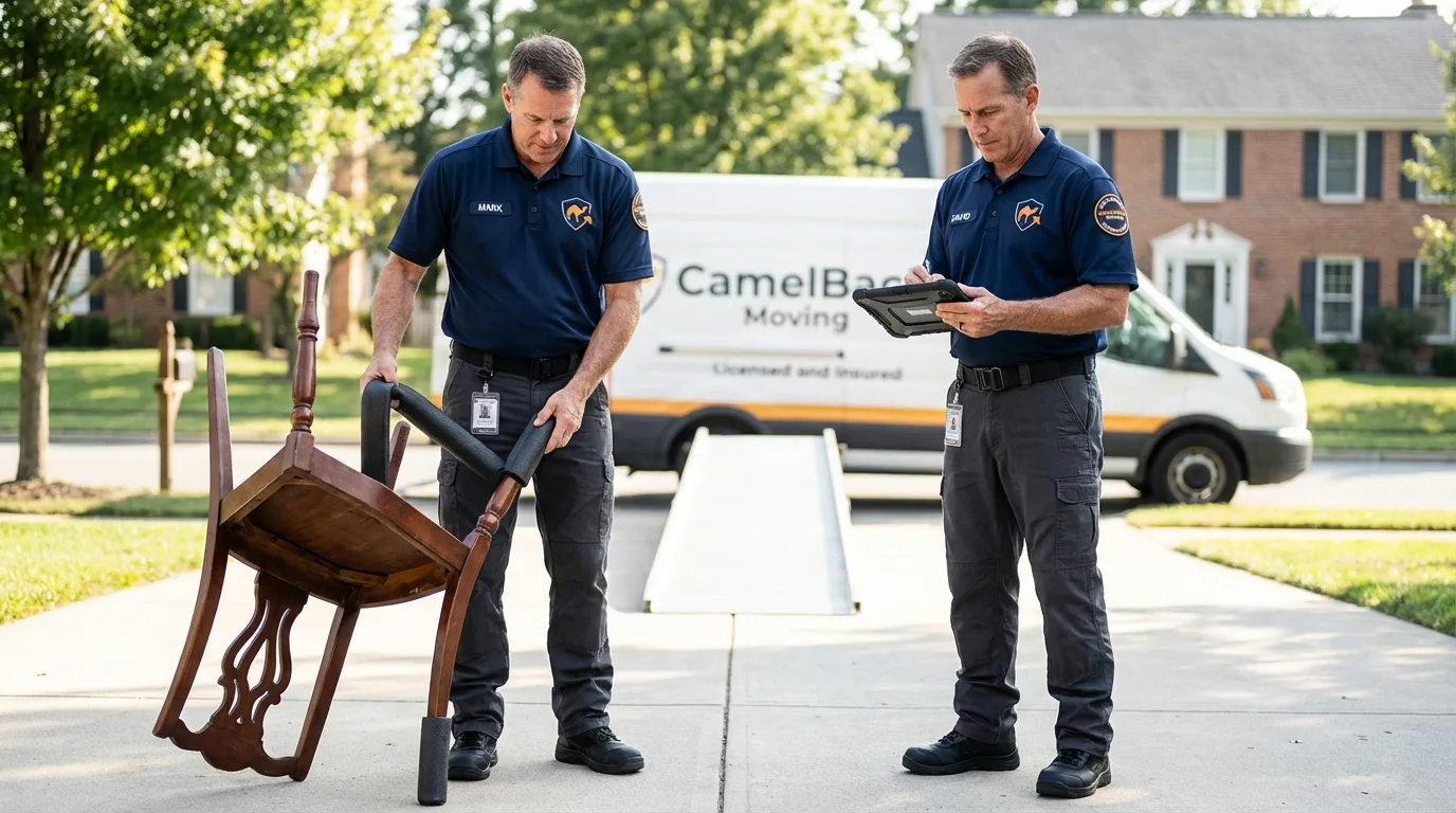 Movers inspecting furniture for damage prevention before loading in Palmetto, FL