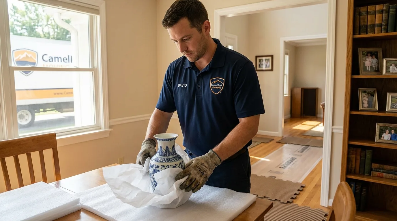 Professional crew carefully wrapping antique vase for senior downsizing move in Palmetto, FL